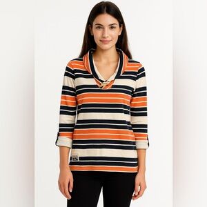 Tommy Hilfiger | Striped Orange and Navy Shawl Collar Pullover Sweater